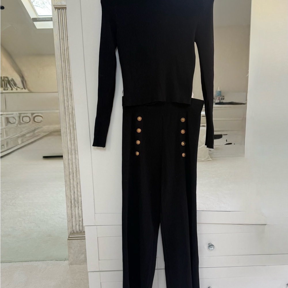 Paris Et Moi Two Piece Set Black Ribbed High-Waist Pants & Top with Gold Buttons